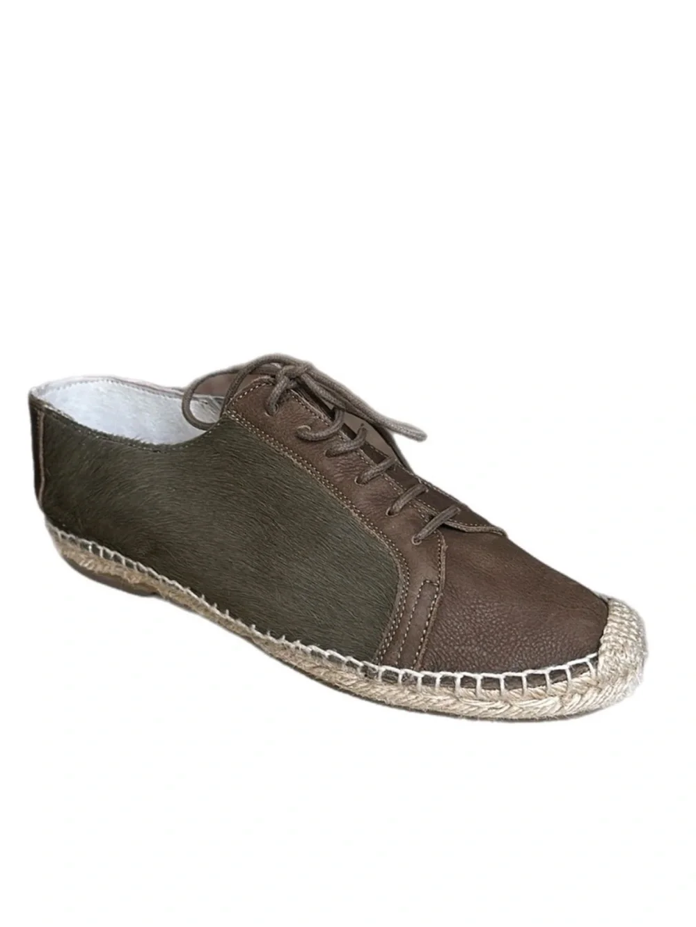 Anthropologie KMB Jorinda Espadrille Sneakers Leather Calf Hair Olive Brown Sz 9
